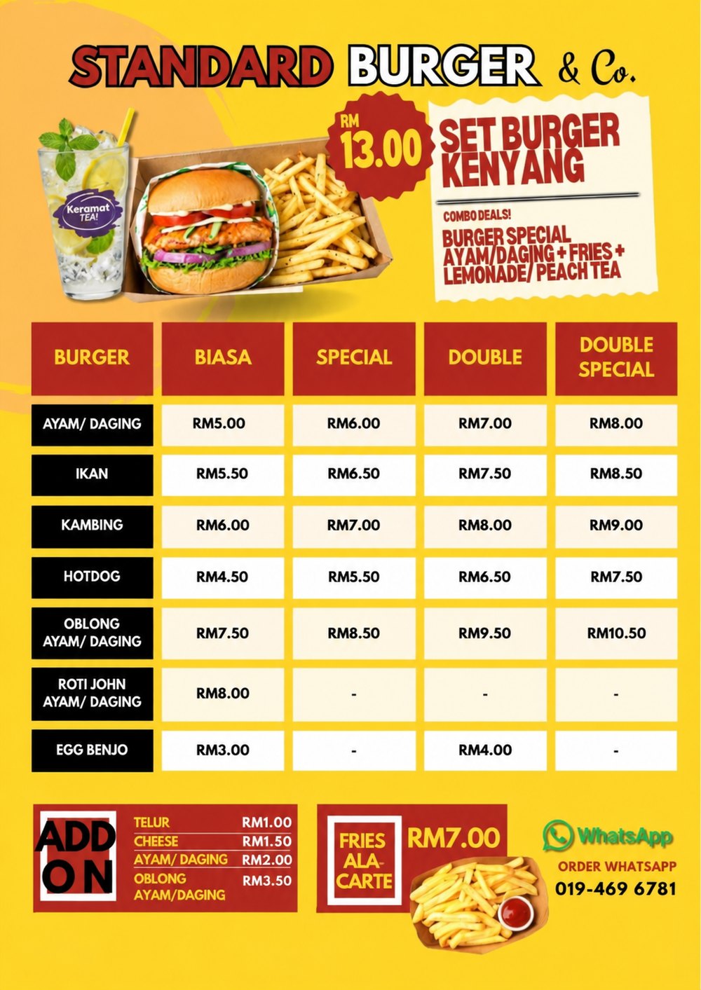 Standard Burger full menu and price list